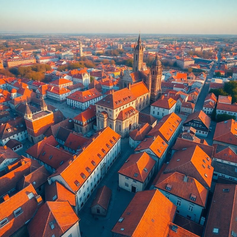 Vedere aeriană a centrului istoric din Sibiu cu acoperișuri ocru